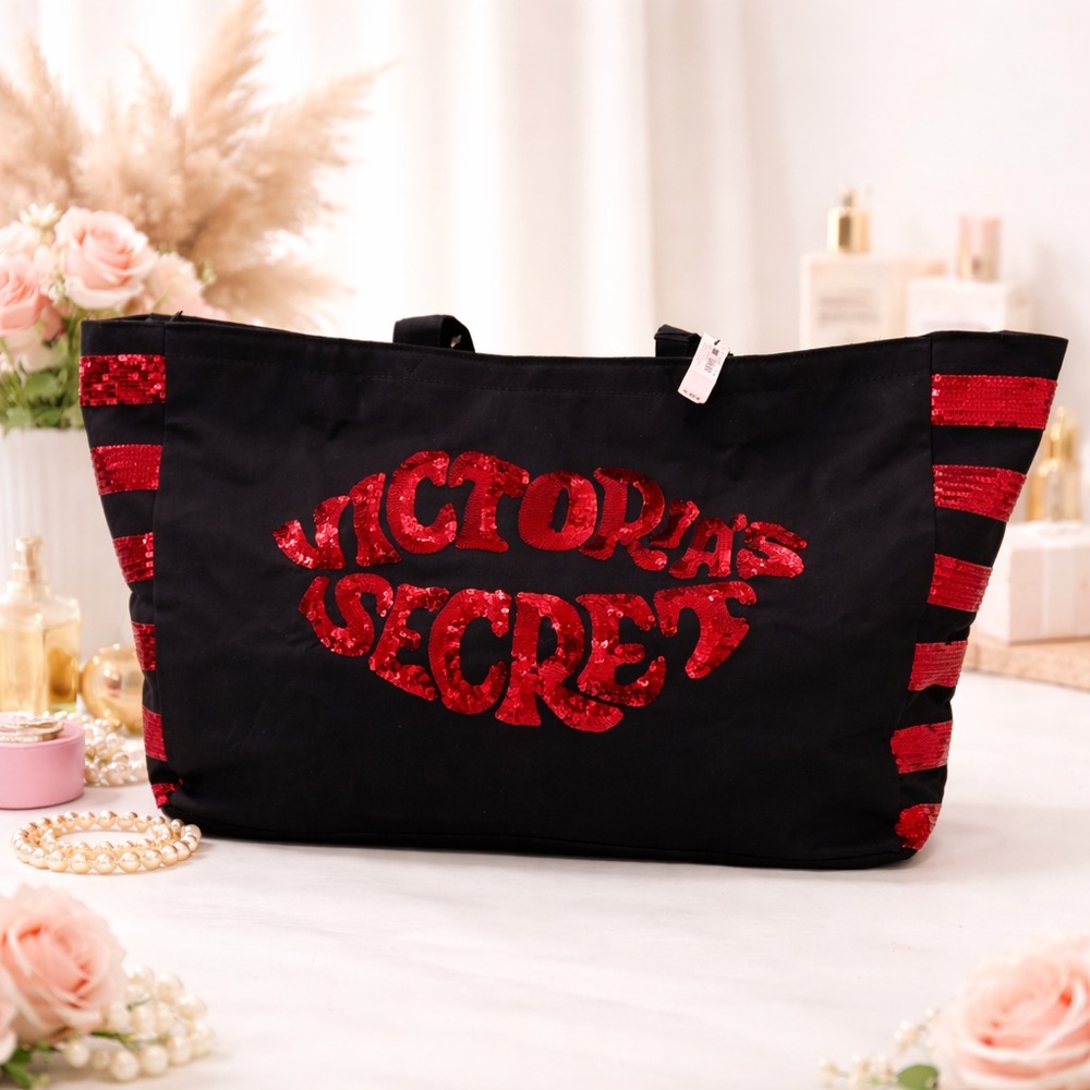Victoria’s Secret Sequin Tote Bag Black Red Large Weekender Glam